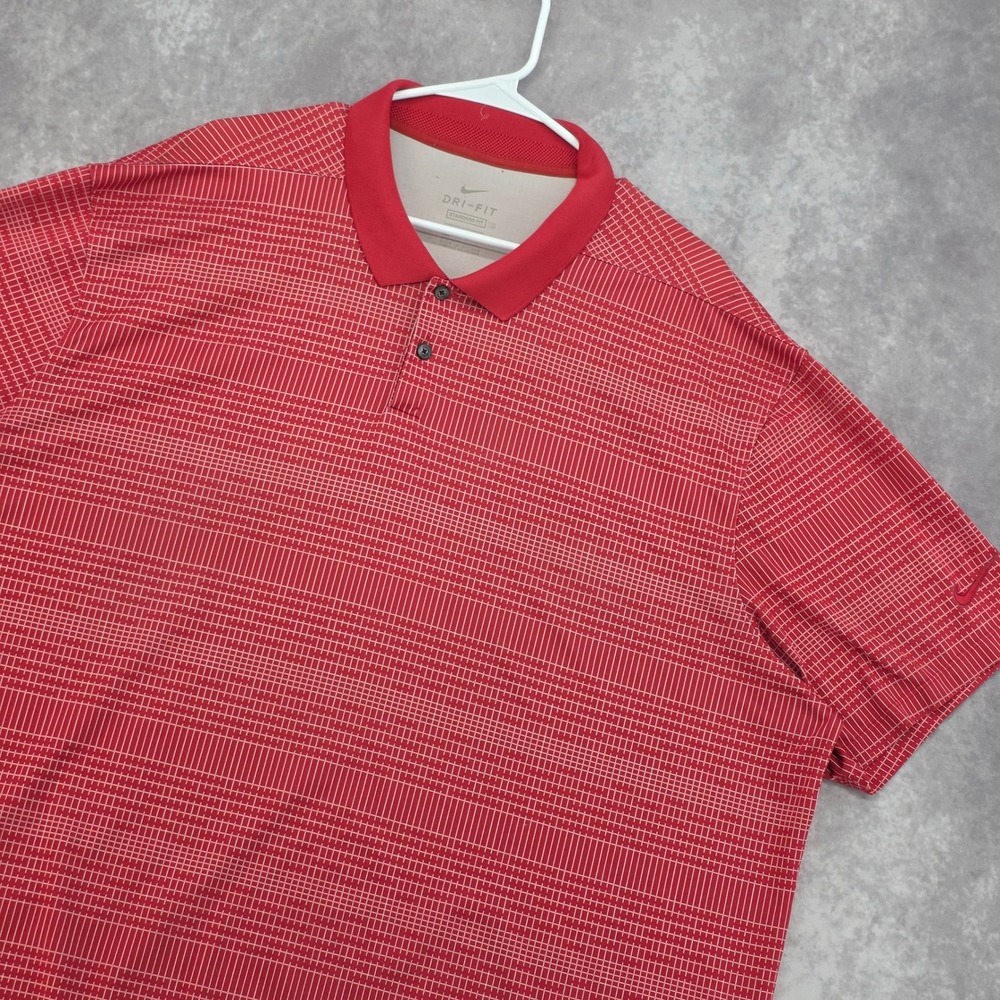 Nike Golf Polo Shirt Mens XXL Dri-FIT ‎ Performance Red White Grid Short Sleeve